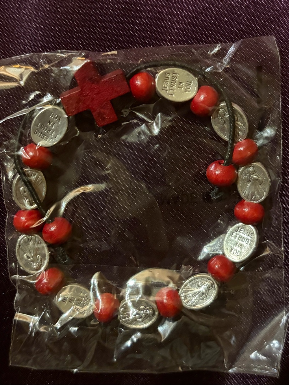 Red Wooden Beaded Cross and Medal Rosary Bracelet - Religious Beaded Bracelet